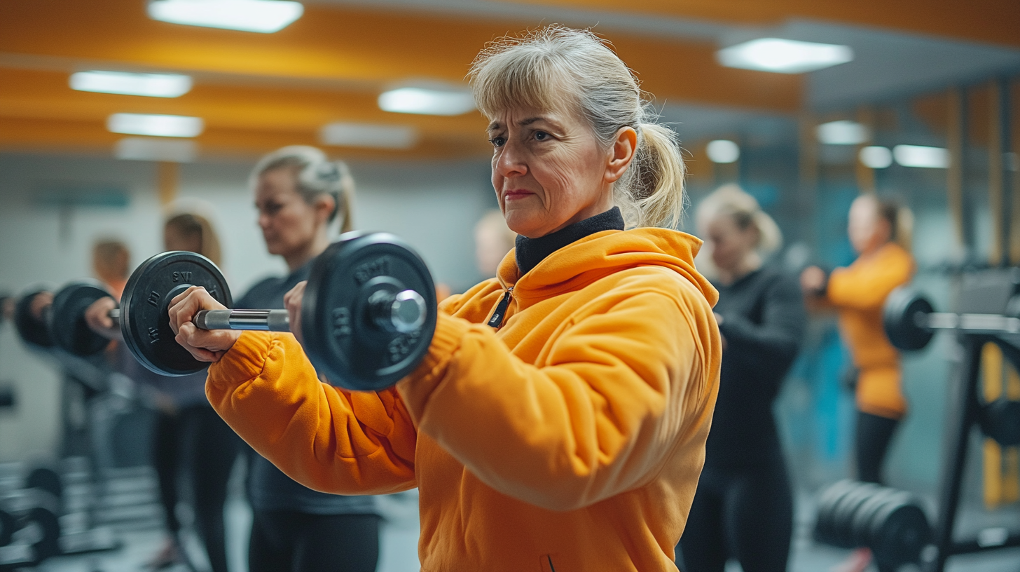 Літні люди виконують силові вправи
